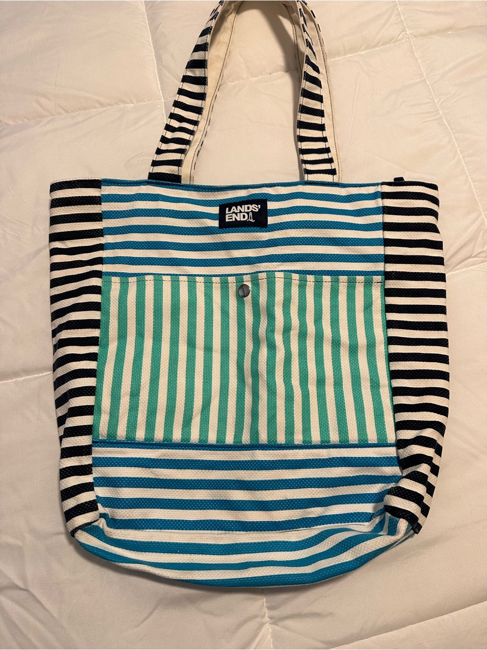 Lands' End Striped Canvas Tote - Blue, Black & Mint